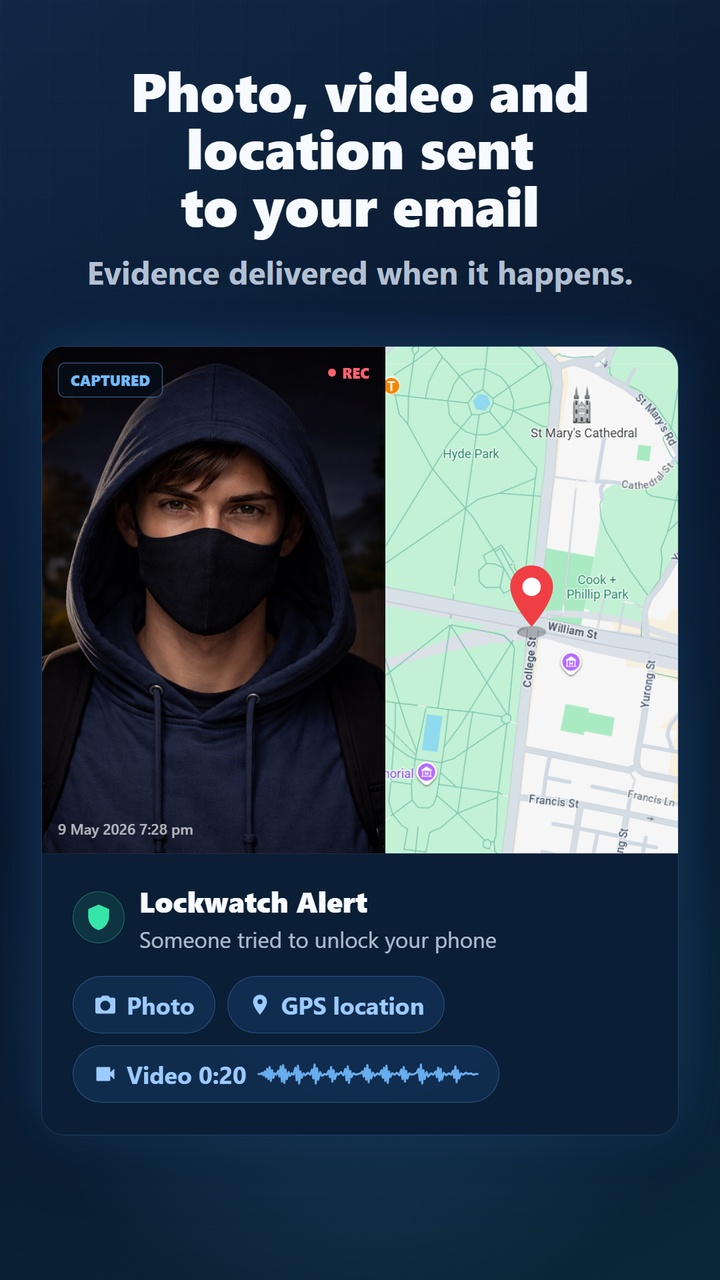 Lockwatch sends photo, video and location evidence to your email