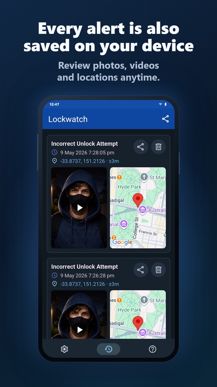 Lockwatch saves alert history on your device